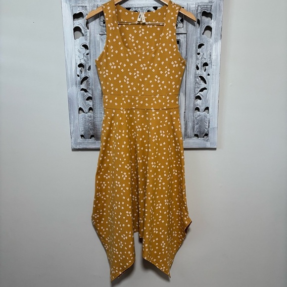 NEW Pact Yellow Floral Handkerchief Hem Organic Cotton Fit Flare Midi Dress